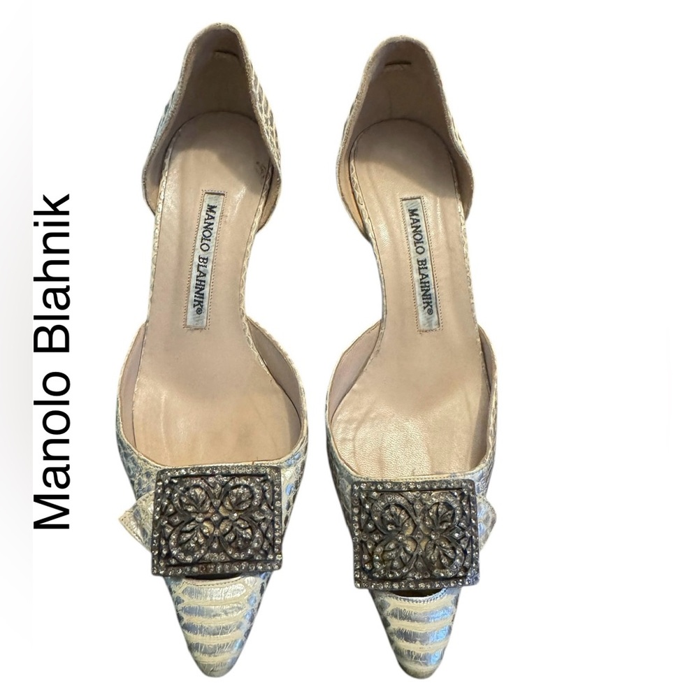 Manolo Blahnik Silver Python Pointed Toe Pump Hee… - image 1